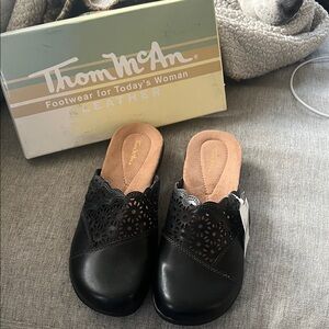 Thom McAn Black Leather Laser-Cut Slip-On Mules